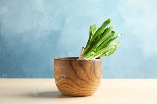 Preview: Wooden bowl with bunch of wild garlic or ramson on table against color background