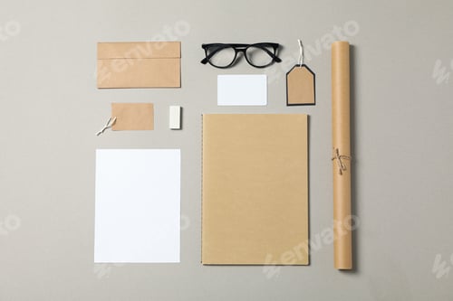 Preview: Mockup. Corporate stationery and glasses on grey background. Flat lay