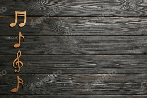 Preview: Music notes and treble clef on wooden background, top view. Space for text