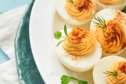 Preview: Stuffed or deviled eggs with paprika and parsley on blue plate for easter table. Traditional dish fo