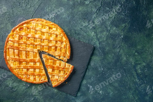 Preview: top view yummy kumquat pie with sliced one piece on dark background dessert sweet bake cookie tea