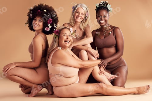 Preview: Flowers, diversity and portrait of body positive women happy with self care, creative beauty design