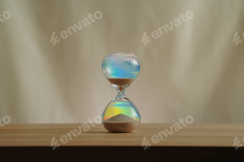 Preview: Minimalist opal Glass time almost over Hourglass on Wooden Surface with Beige Background