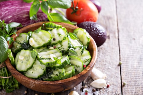 Preview: Pickled cucumber in a rustic wooden bowl