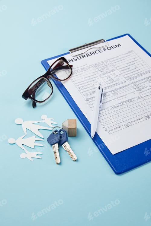 Preview: close-up view of insurance form, pen, paper cut family and keys isolated on blue