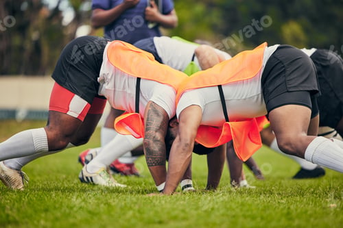 Preview: Rugby, scrum and team of men training on grass field ready for match, practice and sports game. Fit
