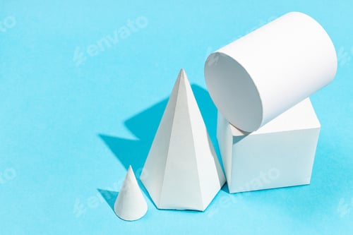 Preview: above view of handmade geometric models on blue