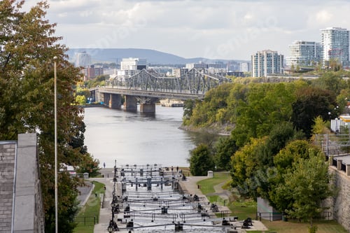 Preview: Rideau canal locks in Ottawa, Canada. View on Ottawa river, bridge and Gatineau city of Quebec