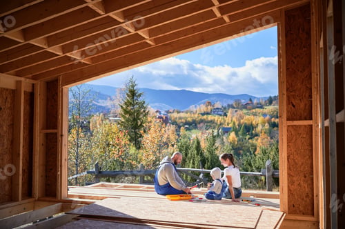 Preview: Father, mother and son building wooden frame house.