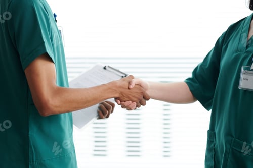 Medical Professionals Collaborate with a Handshake Indoors