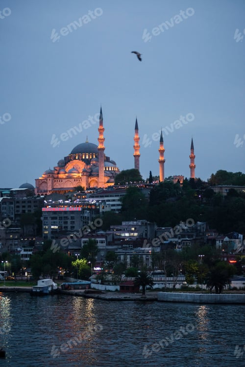 Preview: Suleymaniye Mosque at night seen across Golden Horn, Istanbul, Turkey, Eastern Europe