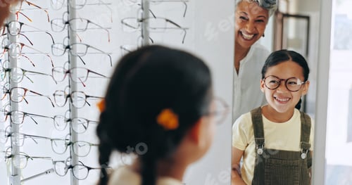 Preview: Child, optometrist and choosing frame in mirror, prescription glasses and helping client. Woman, op