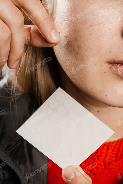 Preview: Woman applying acne patches, girl with cheek sticker