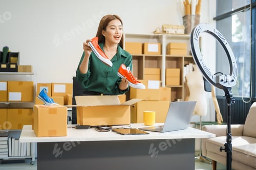 Preview: A beautiful Asian woman shares her journey of selling shoes via live camera on social media from