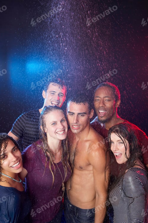 Preview: Group of young friends in the rain