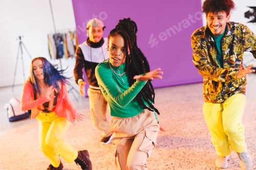 Preview: Image of group of group of diverse female and male hip hop dancers taking part in photo shot