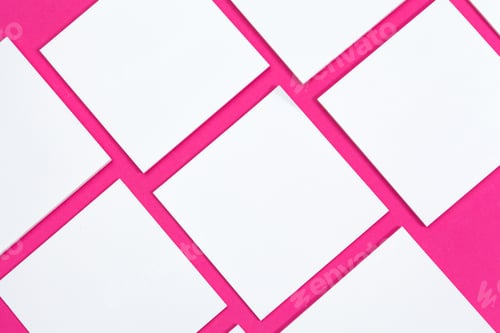 Preview: mock up concept. cards Papers on pink background. Top view, flat lay, copy space