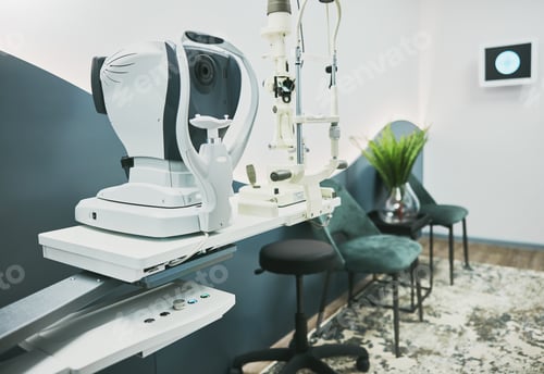 Preview: Machine, ophthalmology and laser in empty room of clinic for eye exam, laser and consulting. Health