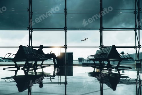 Preview: Man working on a laptop at the airport waiting to board the plane