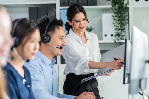 Preview: Group of business man and woman call center work in office corporate.