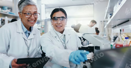 Preview: Laboratory, women scientist and teamwork with microscope for medical research and diagnosis with te
