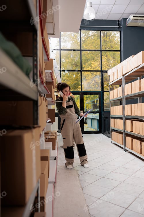 Preview: Storehouse worker having remote conversation