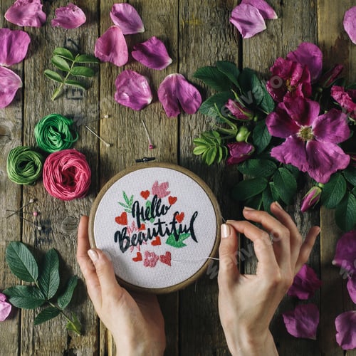Preview: Handmade cross stitch embroidery Hello beautiful in women’s hands with pink flowers on wooden table