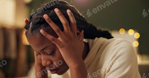 Preview: Black girl, thinking and sad or crying in home for academic pressure, self esteem or anxiety and de