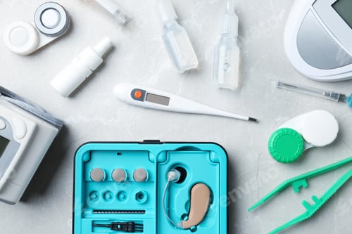 Preview: Flat lay composition with medical objects on grey background