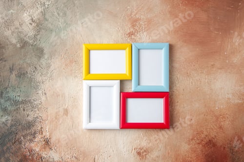 Preview: Front view of colorful picture frames hanging on nude color wall with free space