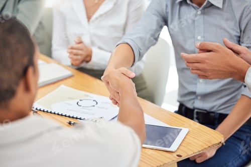 Preview: Business people, handshake and meeting for b2b, collaboration or partnership in trust at the office