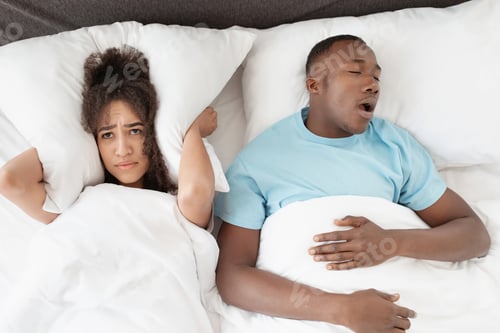 Preview: Snoring man sleeping with apnea and sleepless woman, angry wife unable to get to sleep