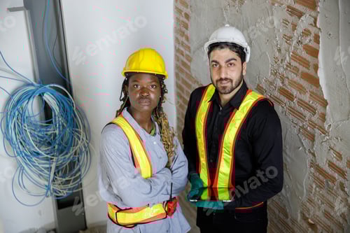 Preview: Portrait man caucasian engineers supervisors and american african general