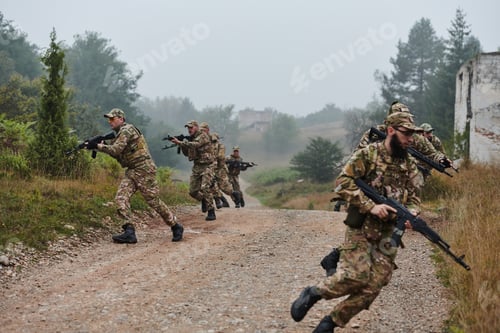 Preview: A disciplined and specialized military unit, donned in camouflage, strategically patrolling and