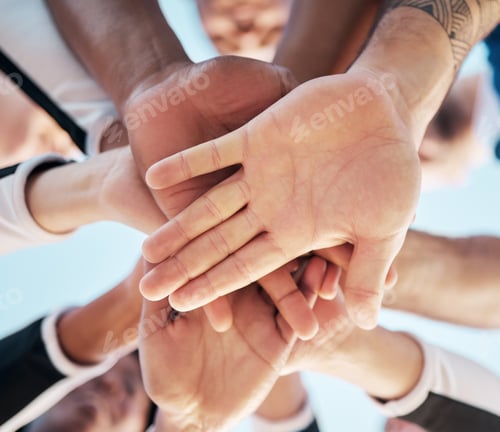 Preview: Hands, together and people in huddle for support and solidarity in community with low angle view. P
