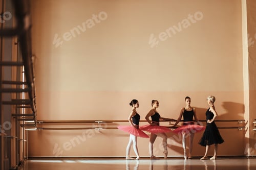 Preview: Ballet instructor talking to teenage ballerinas at dance studio.