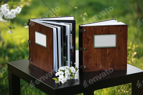 Preview: two wooden photo books on the table in the nature. place for the inscription