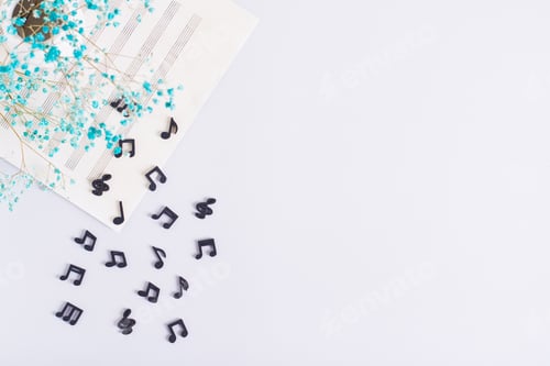Preview: Music sheet, black musical notes and dried flowers on a light background top view