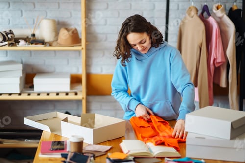 Preview: Smiling woman takes notes of orders from with laptop. Dropshipping owner works.
