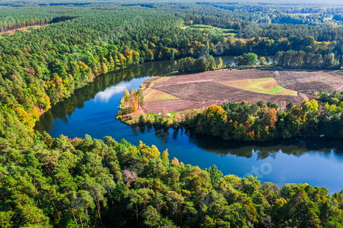 Preview: Blue river and colorful autumn forest in Poland, aerial view