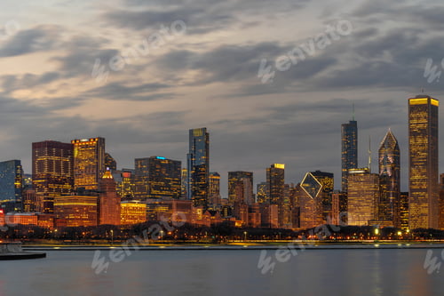 Preview: Chicago Cityscape river side along Lake Michigan at beautiful twilight time, Illinois, United States