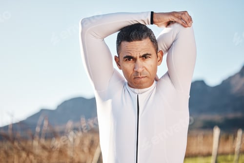 Preview: Man, stretching before run and fitness outdoor, portrait with hiking or running in countryside, exe