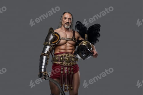 Preview: Aged but still mighty muscular gladiator with long grey hair and beard