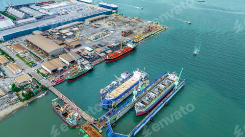 Preview: cargo container ship at dry dock concept maintenance service working in the sea. Insurance