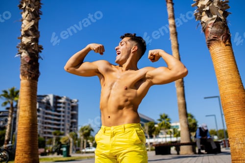 Preview: Argentinian shirtless man posing on summer beach palm street alley background