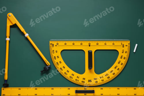 Preview: Protractor, compass, chalk and ruler on green chalkboard, flat lay