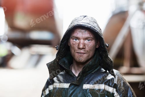 Preview: Portrait of young male boat builder in shipyard workshop
