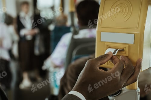 Preview: Cropped view of African american businessman using his transports fare ticket