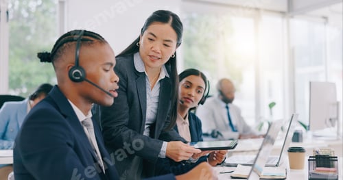 Preview: Business people, call center and coaching with tablet in customer service, telemarketing or support