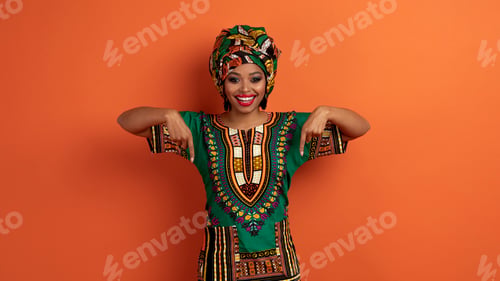 Preview: Beautiful black woman in african clothing pointing at herself